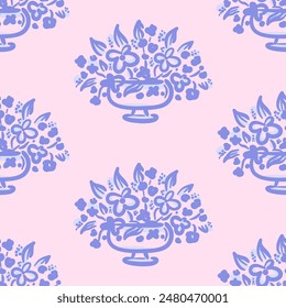 Vector floral seamless pattern. Abstract blue flowers in a pot in hand drawn style on pink background. Garden decor. Retro vibe. Cottage core.