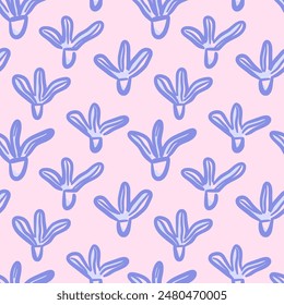 Vector floral seamless pattern. Abstract cute delicate blue flowers in hand drawn style. Retro vibe. Cottage core. 