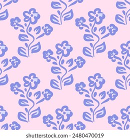 Vector floral seamless pattern. Abstract blue flowers on stem in hand drawn style on pink background. Cottage core. Retro vibe.