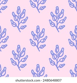 Vector floral seamless pattern. Abstract elegant blue flowers on a stem in hand drawn style on pink background. Cottage core.