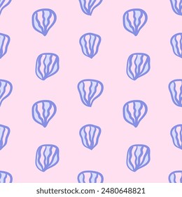 Vector floral seamless pattern. Abstract striped blue petals in hand drawn style on pink background. Retro vibe. Cottage core