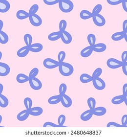 Vector floral seamless pattern. Abstract cute three petal blue flowers in hand drawn style on pink background. Cottage core. 