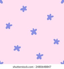 Vector floral seamless pattern. Abstract simple small blue flowers in hand drawn style on pink background. Retro vibe. Cottage core.