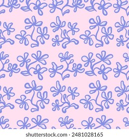 Vector floral seamless pattern. Abstract blue wavy flowers on a stem in hand drawn style. Cottage core. Retro vibe.