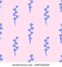 Vector floral seamless pattern. Abstract simple blue stem with round buds in hand drawn style. Delicate herb on pink background. Cottage core