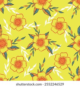 Vector floral seamless pattern. Abstract background with simple small orange flowers, leaves, branches. Liberty style wallpapers. Elegant ditsy texture.