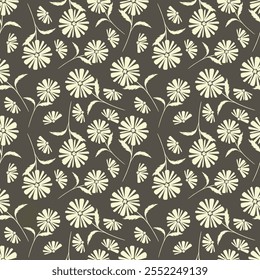 Vector floral seamless pattern. Abstract background with simple small orange flowers, leaves, branches. Liberty style wallpapers. Elegant ditsy texture.