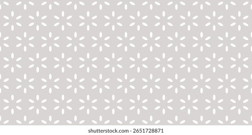 Vector floral seamless pattern. Abstract minimal geometric ornament with small flowers in asian style, diamonds, stars. Subtle light gray minimalist background texture. Repeat design for decor, fabric