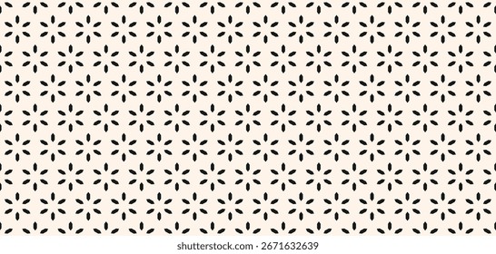 Padrão de vetor floral sem emenda. Abstrato ornamento geométrico mínimo com pequenas flores em estilo asiático, diamantes, estrelas. Sutil textura de fundo minimalista em preto e branco. Design moderno e repetitivo