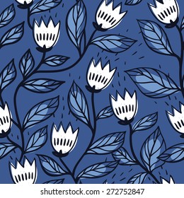 vector floral seamless pattern with abstract white tulips on a dark blue background