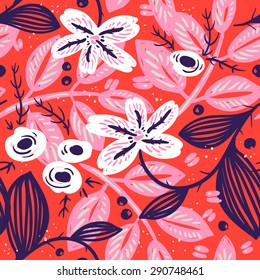 vector floral seamless pattern with abstract blooms on a bright red background