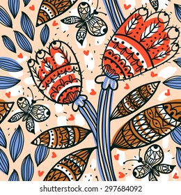 vector floral seamless pattern with abstract tulips and butterflies