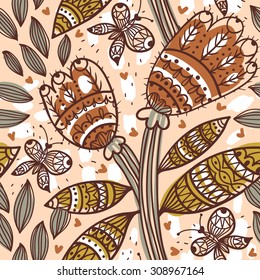  vector floral seamless pattern with abstract tulips and butterflies