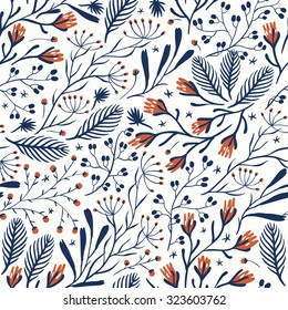 vector floral seamless pattern with abstract herbs and berries