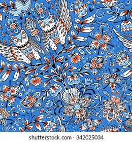  vector floral seamless pattern with abstract owls, plants and fruits on a blue background
