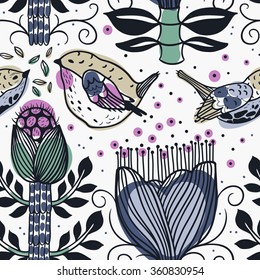 vector floral seamless pattern with abstract hand drawn birds and plants