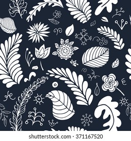 Vector floral seamless pattern with abstract flowers, branches, leaves in black and white colors