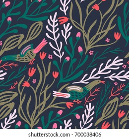  vector floral seamless pattern with abstract flowers and birds