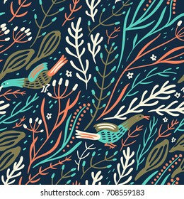 vector floral seamless pattern with abstract colored birds and herbs