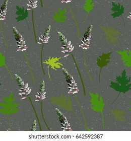 
Vector floral seamless pattern with acanthus plant flowers and leaves. Hand drawn illustration on gray background with worn out texture.