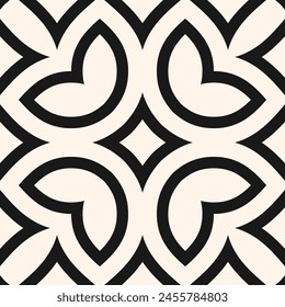 Vector floral seamless pattern in arabesque style. Black and white texture with flowers, leaves, petals. Simple monochrome geometric background. Abstract oriental ornament. Modern repeated design
