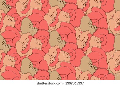 Vector floral seamless pattern. Art flowers. Used colors from the simpatico palettes of Pantone 2019: Sand, Coral sands, Living coral.