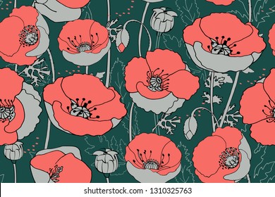 Vector floral seamless pattern. Art poppies. Coral flowers with gray shadow on dark green background. Used colors from the focal points of Pantone 2019: Forest Biome, Storm Gray, Living coral.