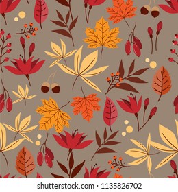 Vector floral seamless pattern with autumn leaves, berries, acorn and flower.