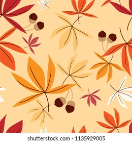 Vector floral seamless pattern with autumn leaves and acorn.