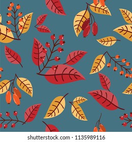 Vector floral seamless pattern with autumn leaves and berries.