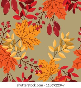 Vector floral seamless pattern with autumn leaves and berries.