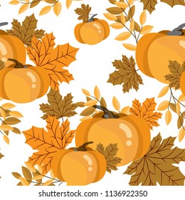 Vector floral seamless pattern with autumn leaves and  pumpkin.