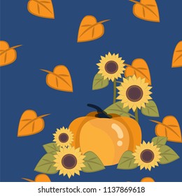 Vector floral seamless pattern with autumn leaves, sunflower and  pumpkin.