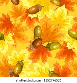 Vector floral seamless pattern with autumn leaves and acorn.