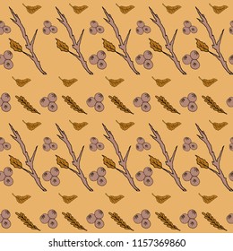 Vector floral seamless pattern with autumn leaves, berries and flowers