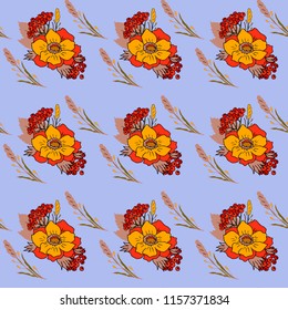 Vector floral seamless pattern with autumn leaves, berries and flowers
