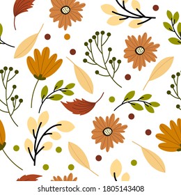 Vector floral seamless pattern with autumn leaves and flowers