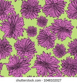 Vector floral seamless pattern background with outline hand drawn chamomiles flowers  
