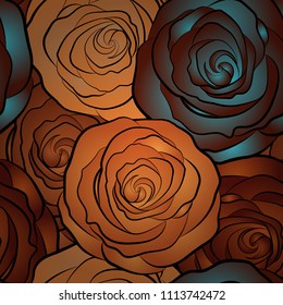 Vector floral seamless pattern. Background of a brown, red and orange painted roses.