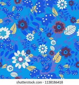 Vector floral seamless pattern. Background wallpaper illustration with brown, blue and violet flowers and vintage paisley ornaments. Modern luxury texture for fabrics, textile.