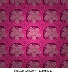 Vector floral seamless pattern. Background wallpaper illustration with pink, purple and magenta flowers and vintage paisley ornaments. Modern luxury texture for fabrics, textile.