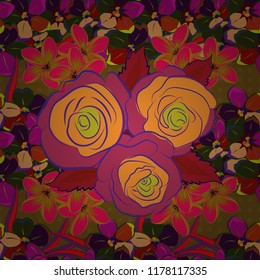 Vector floral seamless pattern. Background of a magenta, orange and brown painted roses.