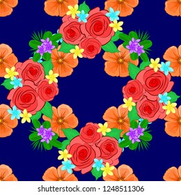 Vector floral seamless pattern. Background of a orange, green and blue painted roses and green leaves.