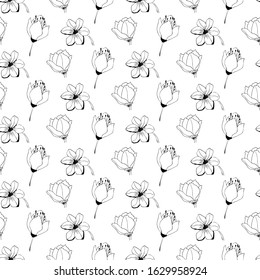 Vector floral seamless pattern. Background with outline hand drawn flowers. Design concept for fabric design, textile print, wrapping paper or web backgrounds.