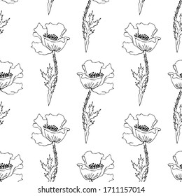 Vector floral seamless pattern. Background with outline hand drawn flowers. Design concept for fabric design, textile print, wrapping paper or web backgrounds