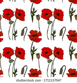 Vector floral seamless pattern. Background with outline hand drawn flowers. Design concept for fabric design, textile print, wrapping paper or web backgrounds