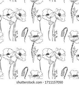 Vector floral seamless pattern. Background with outline hand drawn flowers. Design concept for fabric design, textile print, wrapping paper or web backgrounds