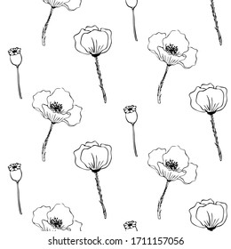 Vector floral seamless pattern. Background with outline hand drawn flowers. Design concept for fabric design, textile print, wrapping paper or web backgrounds