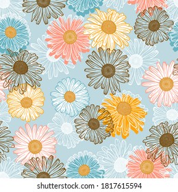 Vector Floral Seamless Pattern. Background Of Outline Vintage Daisy (Chamomile, Camomile) Flowers. Hand Drawn Flower Sketch Wallpaper
