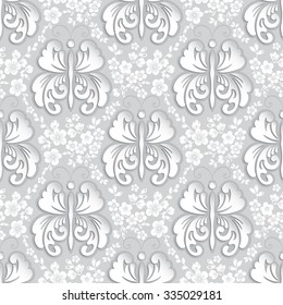 Vector floral seamless pattern background. Volumetric luxury floral ornament, royal seamless texture for wallpapers, textile, wrapping. Exquisite floral modern template with butterfly.